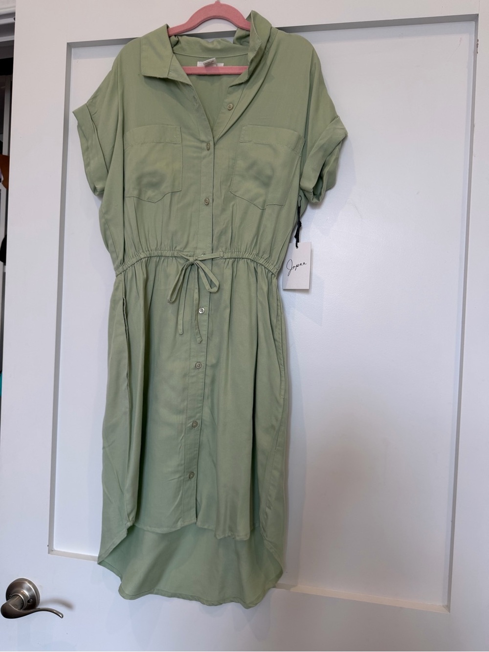 Japna Sage Green Drawstring Shirt Dress with Front Pockets